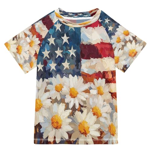 Boys Short Sleeve T-Shirts America Floral Oil Daisy Rashguard Kids Swim Shirts Sun UPF 50+ Multicoloured
