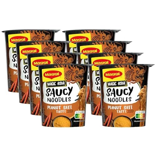 MAGGI Magic Asia Saucy Noodles Peanut Saté Cup, leckeres Fertiggericht in cremiger Erdnuss-Sauce im praktischen Becher, 8er Pack (8 x 75g)