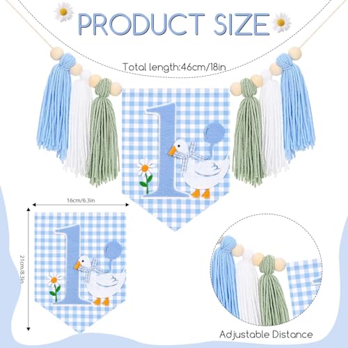 Image of Goose 1st Birthday Highchair Banner Goose Theme Blue Ginghams Tassel Banner Hat Cake Topper Highchair Photo Prop for Boy Birthday Party Decorations