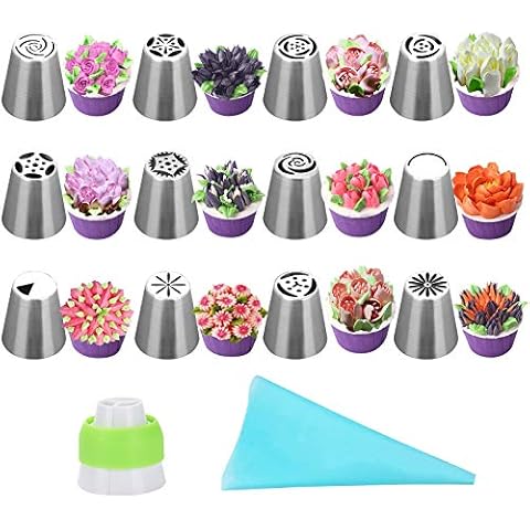 14 Pieces Cake Piping Nozzle Set, Reusable Stainless Steel Russian Nozzles and Silicone Icing Bag Cream Piping Nozzle Pastry Cream Making Baking Set for Dessert Cupcakes Cover