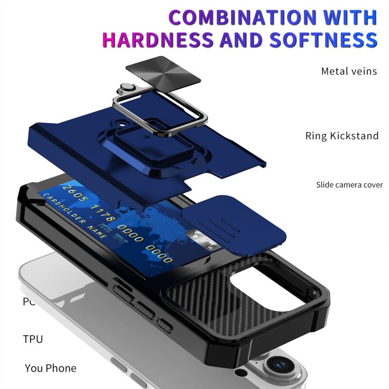 Image of LuxuryKase Shockproof Armor Case for iPhone 17 | Slide Camera Cover | Hidden Card Slot | Rotating Ring Kickstand | Magnetic Car Mount Support | Military Grade Protection - Blue