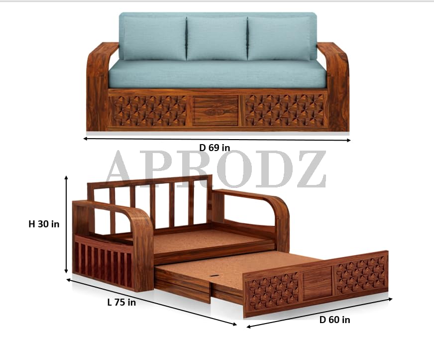 Image of APRODZ Solid Sheesham Wood Sofa Cum Bed 3 Seater Velevt Fabric with Blue Upholstery & Cushion Perfect Sofa Furniture for Home Living Office Room and Guests (Honey Finish 75x69x30-Inch)