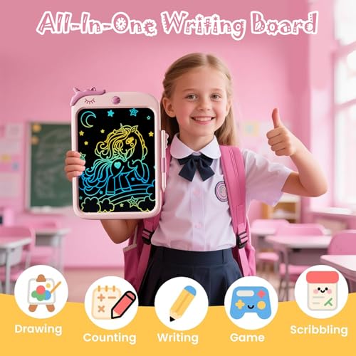 Image of Proffisy 10 Inch LCD Writing Tablet, Unicorn Digital Writing Pad with Stylus, One-Touch Erase & Screen Lock, Reusable Paperless Notepad for Drawing, Handwriting, Notes & Travel (Pink)