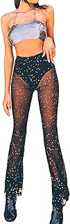 Anlaey Women Rave Mesh Sheer Dance Pants Sparkly Sequin Flared Bell Bottom Pants High Waist Outfits for Festival Clubwear
