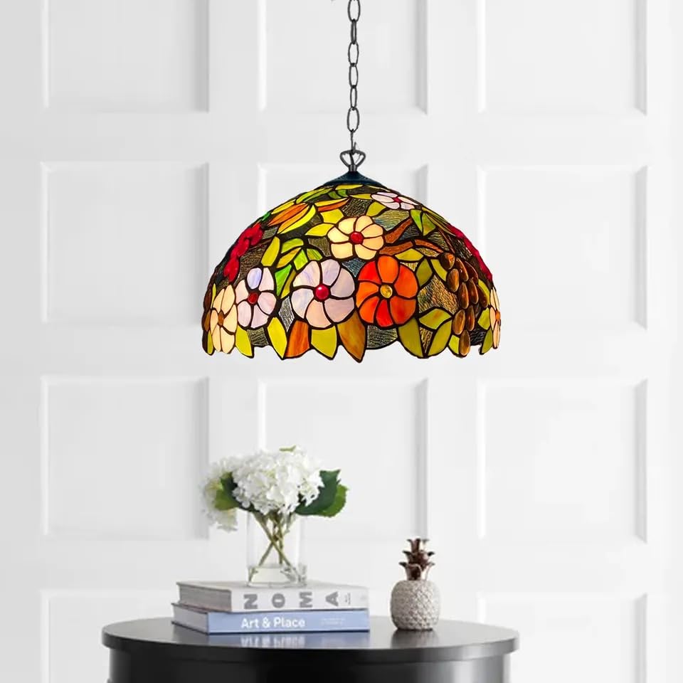 TIFFORA Tiffany Pendant Lamps - Handcrafted Stained Glass 16 inch Pendent Light - Antique Design Pendant Lamps for Living Room Bedroom Lounge (TF(P)-1609)