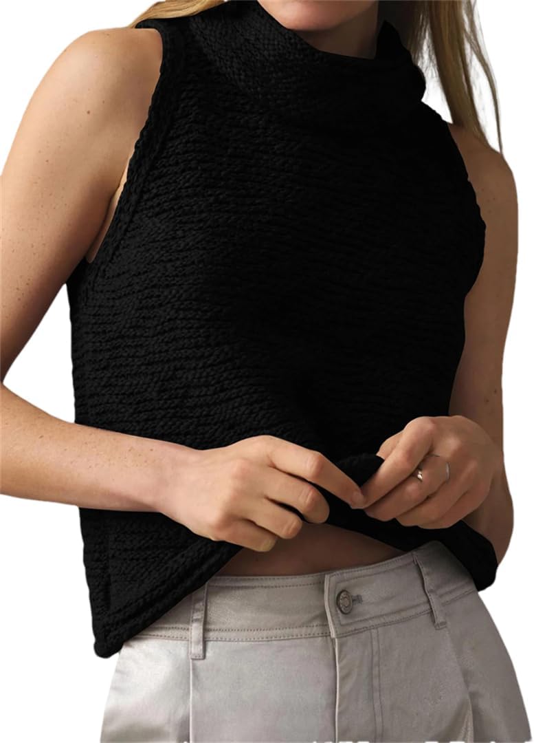 Hndudnff Women’S Turtle Neck Knit Vest Casual Sleeveless Solid Color Loose Tops Sweater Vest