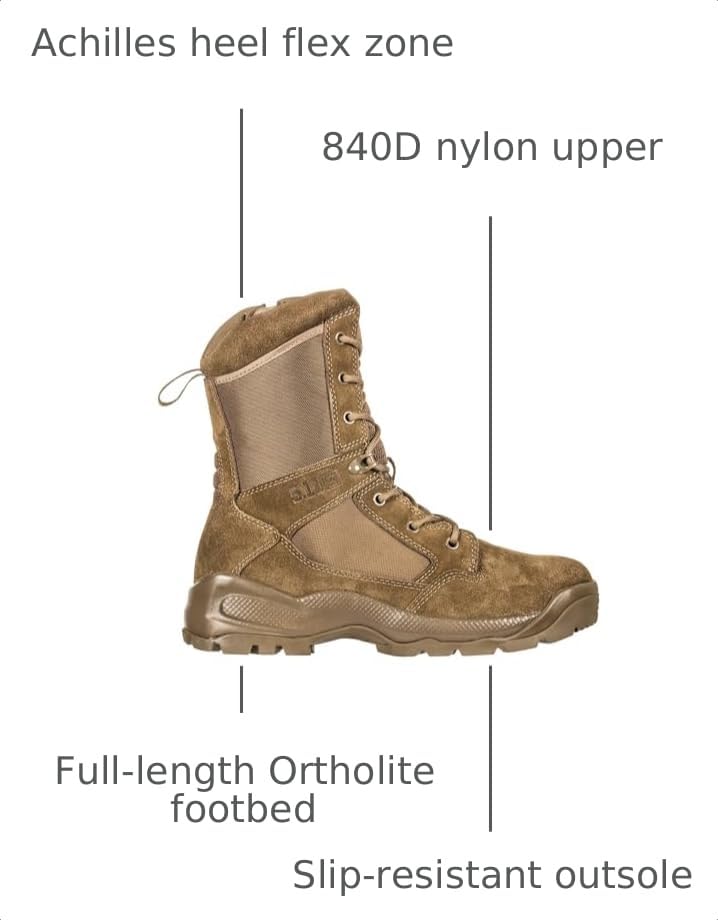 Image of 5.11 Tactical Men's Side-Zip Brown Boots, ATAC 2.0 8 inch, Desert, Style 12393ABR | Style 12393ABR, Side Zip, Desert Coyote, Ortholite Insole, Slip Resistant, Military Duty Boots