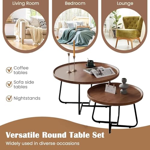 Windpost Round Nesting Coffee Table Set of 2, 28\" Round Walnut with Fluted,Mid Century Modern,Center for Living Room Bedroom Office Balcony Yard