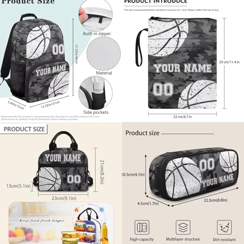 Boys Customized Basketball Print Backpack with Lunch Box Pencil Case Book Sleeve - 4PCS Grey Camo BookBags for Boys School Backpacks Set for Kids2