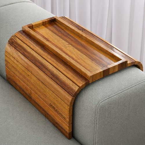 Image of SMILEDRIVE Teakwood Sofa Armrest Tray with Cup Holder Section, Set of 2 | Foldable Couch Organizer, Snacks, Remote & Phone Holder, Made in India