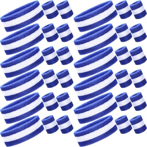 Image of Eurzom 36 Pcs Neon Sports Sweatbands Set Include 12 Striped Sweat Absorbing Headbands 24 Wristbands Athletic for Men Women Basketball Tennis Running Glow Party