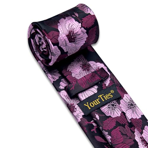 Image of YourTies Silk Paisley Floral Tie and Pocket Square Cufflinks with Lapel Pin Sets for Men 5PC Wedding Party