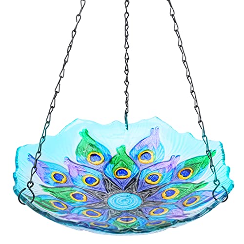 MUMTOP Hanging Bird Bath - Bird Baths for Outdoors, Peacock Glass BirdBath Outdoor Birdfeeders for Garden and Patio Decor