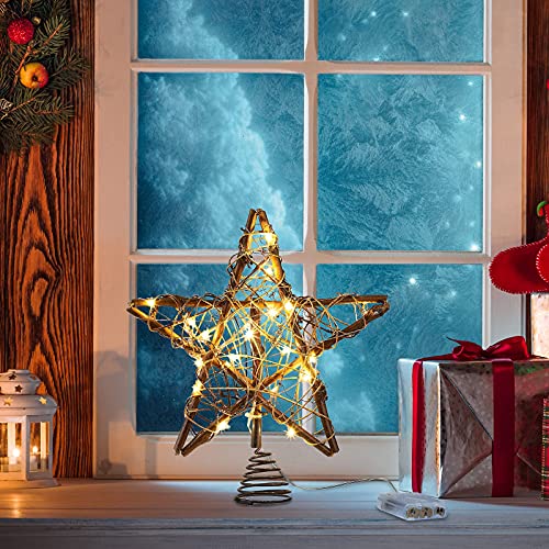 Gwokwai Christmas Tree Topper, Natural Rattan Star Treetop With Led Light String, Retro Xmas Treetop Star Lights For Christmas Tree Ornament Indoor Party Home Decoration #TOP4