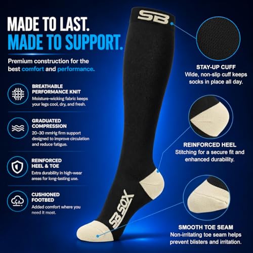 Image of SB SOX Compression Socks for Men & Women (20-30mmHg) - Best Compression Socks for Flying, Medical, Sports, Wide Calf Fit, and Daily Wear