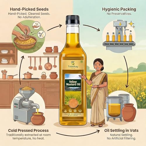 Image of Telashay Cold Pressed Yellow Mustard Oil | 100% Pure, Natural & Unfiltered | Cooking, Pickles & Health | Omega-3 Rich | (250ml)