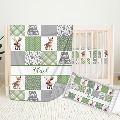 Personalized Crib Bedding Sets for Boys Girls, Custom Baby Bedding Set with Name, Woodland Animals 2 Piece Nursery Bedding for Baby Newborn Infant, Name Comforter Fitted Crib Sheet Set for Babies
