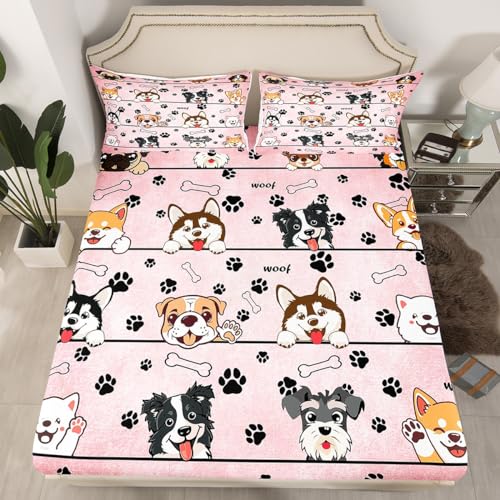Linge de lit rose 4 pièces avec taies d'oreiller motif chien - 7