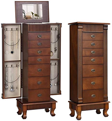 HAPPYGRILL Jewelry Armoire, Wooden Jewelry Chest Storage Cabinet w/7 Drawers & 2 Swing Doors, 12 Necklace Hooks, Makeup Mirror & Top Divided Storage Space, Stand up Jewelry Boxes for Women, Girls