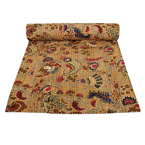 Trapunta Kantha In Cotone Fatta A Mano - Yuvancrafts - Stampa Floreale Tradizionale, Blu, 200x150 Cm