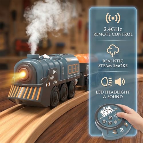 Image of Remote Control Steam Train for Wooden Tracks - RC Train Set with Realistic Smoke, Lights & Sound, Motorized Toy Train Compatible with Thomas & Friends, Brio, for Kids Ages 3-8