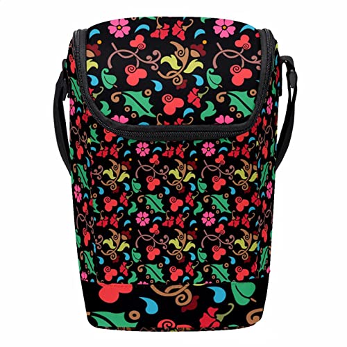 Lonchera grande floral negra con correa ajustable de transporte cómodo 2