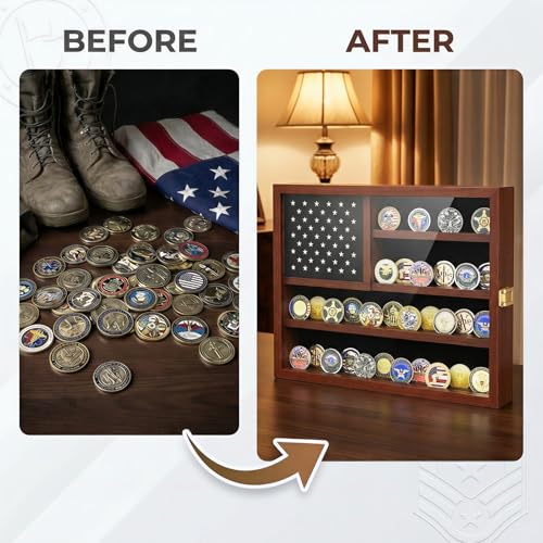 Image of Challenge Coin Display Case, Military Coin Holder Display with American Flag Design & Hidden Storage Compartment, Wooden Challenge Coin Wall Display for 46 Coins, Coin Holder for Collectors-Brown