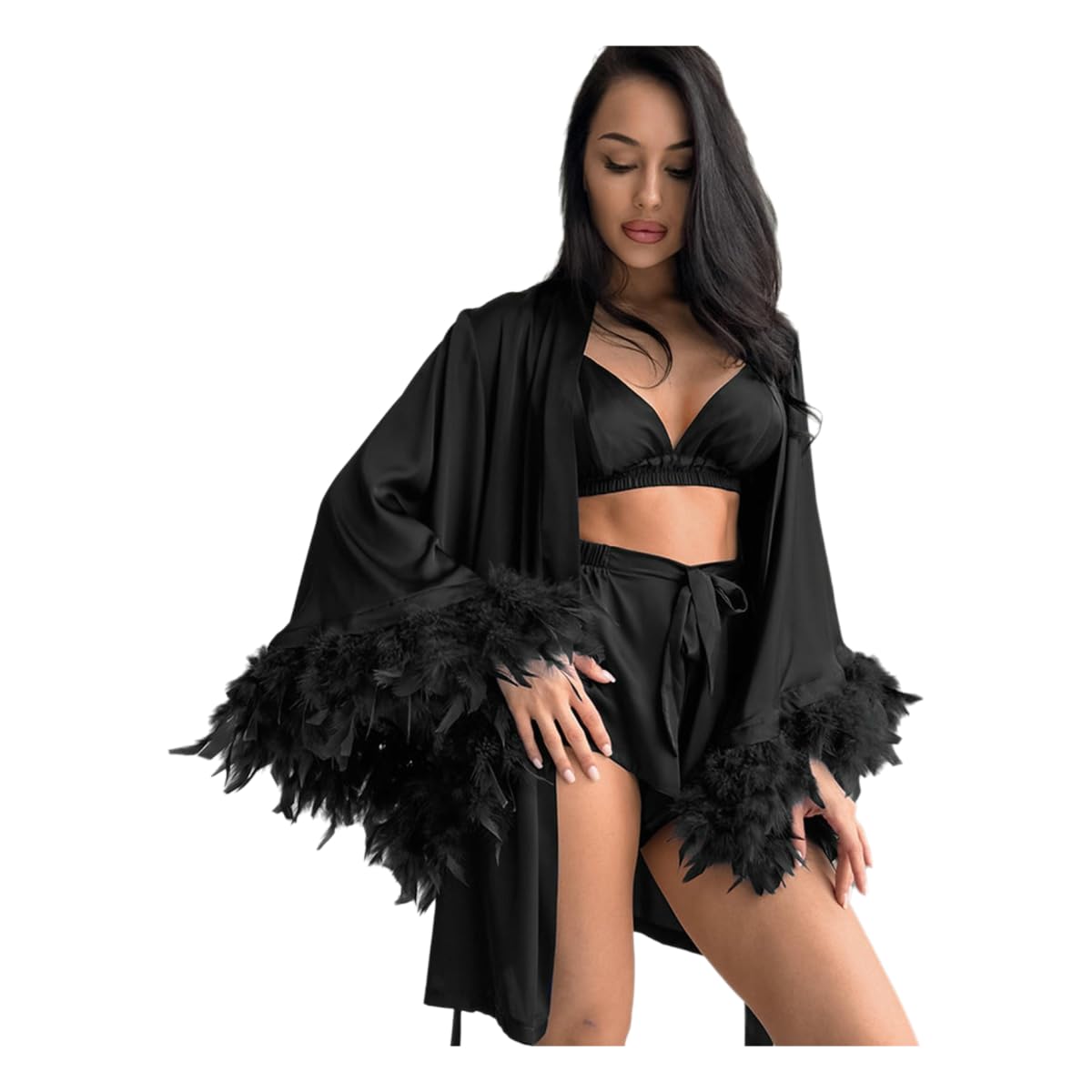 Pigiama da Donna Shorts Notturna Set A Tre Pezzi Imitazioni in Seta Abiti Casa Primavera E Autunnale-Nero-m