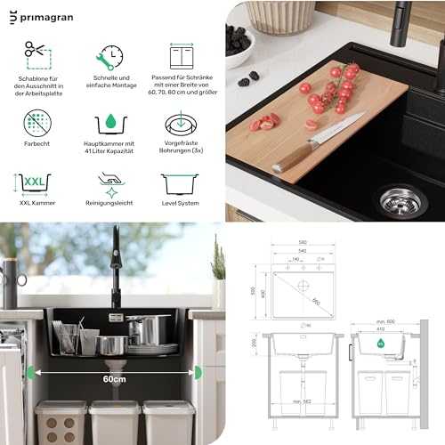 Granitspüle Primagran Spülbecken Schwarz 58×50 cm mit Ablauf-Set