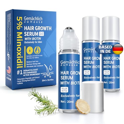 NDC Listed 2026 Upgrade 5% Minoxidil for Men Hair Growth Serum Caffeine & Rosemary - Unscented Fast-Absorbing Roll-On for GMP Topical OTC Treatment with Biotin 3x20ml