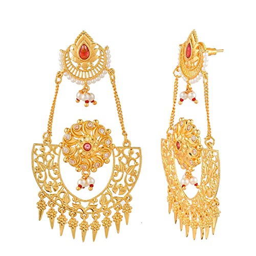 Image of Voylla Abharan Red Stones and Pearls Opulent Drop Earrings