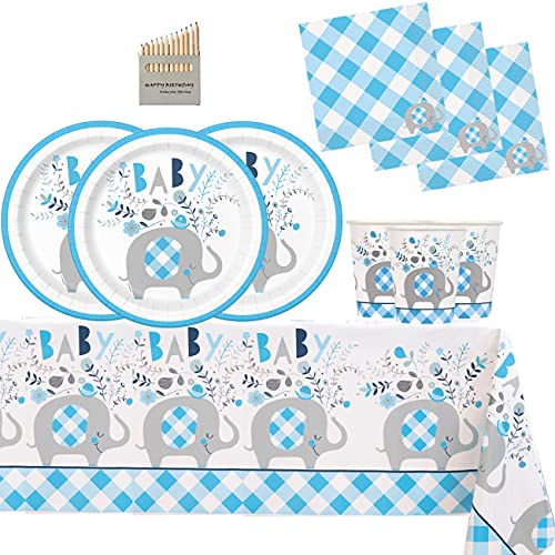 Offer Shop Azul Floral Elefante Bebé Ducha Suministros Azul Paraguitas Partidos Vajilla Niños Cumpleaños Fiesta Decoraciones Para 8 Invitados