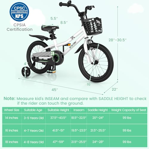 Image of BABY JOY Kids Bike, 12 14 16 18 Inch Boys Girls Bike for 3-8 Years w /Training Wheels, 20 Inch Children Bicycle for 8+ Teens w /Kickstand, Handbrake, Coaster Brake & Removable Basket, Sporty Bicycle