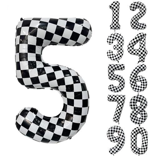 Ballon d'anniversaire à carreaux, ballon gonflable chiffre 5, ballon chiffre noir et blanc, ballon géant en mylar chiffre 5 pour garçons filles fête d'anniversaire fête voitures décoration de fête 5
