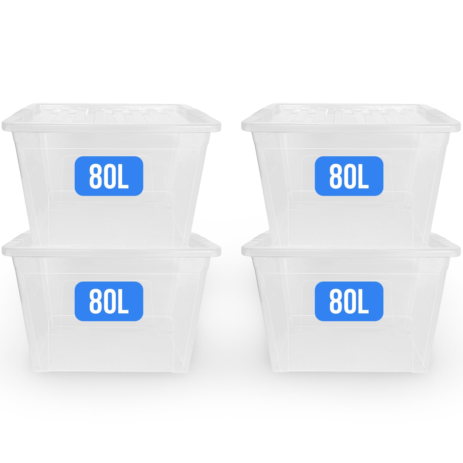 KAPCO Storage Solutions – 4 x 80L Extra-Large Plastic Storage Boxes with Lids | Big Stackable Long Tubs for Home Moving Boxes, Loft & Garage Declutter | Shatter-Resistant & BPA Free Chest | 80 Litre