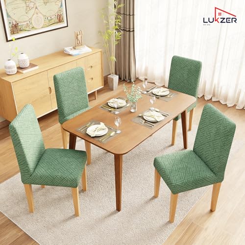Image of Lukzer Elastic Dining Chair Cover - 2PC Pastel Green Abstract | Textured High Stretch Jacquard Seat Cover | Removable Washable Short Dining Chair Cover Protector Seat Slipcover | (CC-167-02)