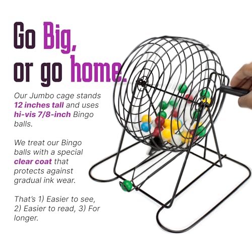 Royal Bingo Supplies Jumbo 12" Tall Bingo Game Set for Adults, Seniors, Family & Kids - 100 Cards 500 Chips 75 Balls, XL Roller Cage & Board – Image 5