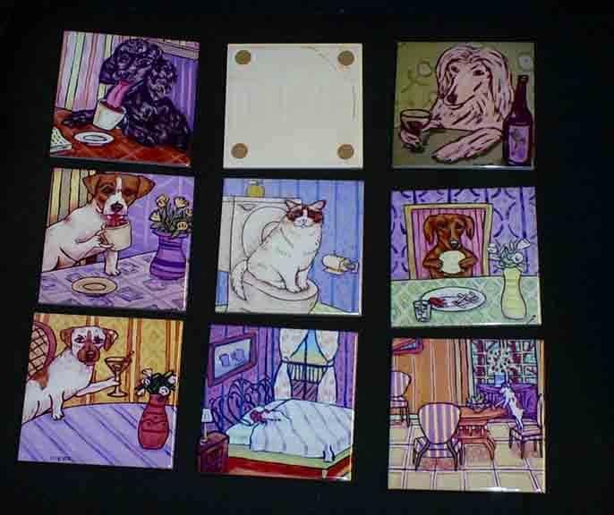 Vista 3 de Weimaraner Bath dog ceramic bathroom fine art coaster tile with red background by SChmetzpetz