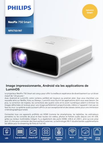 Philips, Neopix 750, Vidéoprojecteur Home cinéma, Correction d'image avancée, 1920 x 1080 Pixels (Full HD, Haut-parleurs stéréo internes de 2x7 Watts, Correction Keystone