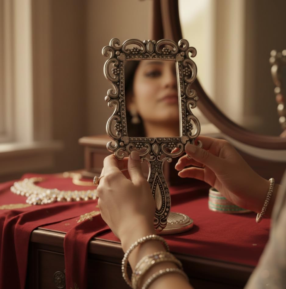 NATRIEL Antique German Silver Handheld Mirror, Ornate Baroque Style, 9x18 cm, Home Décor Accent-image-6