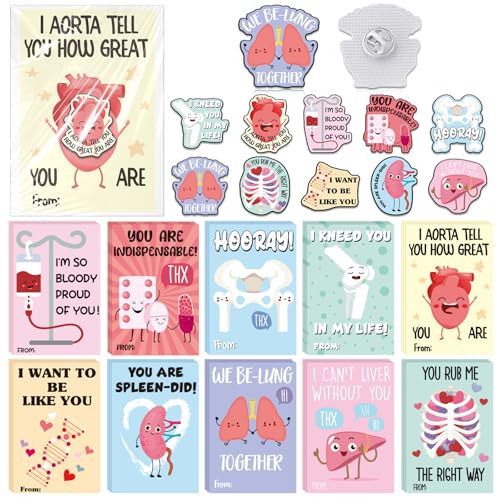 Fumete 40 Sets Funny Nurse Appreciation Gifts Bulk Organ Lapel Pins with Medical Puns Cards Thank You Gifts for Nursing Doctor Coworkers Christmas Nurse Week Favors 10 Design