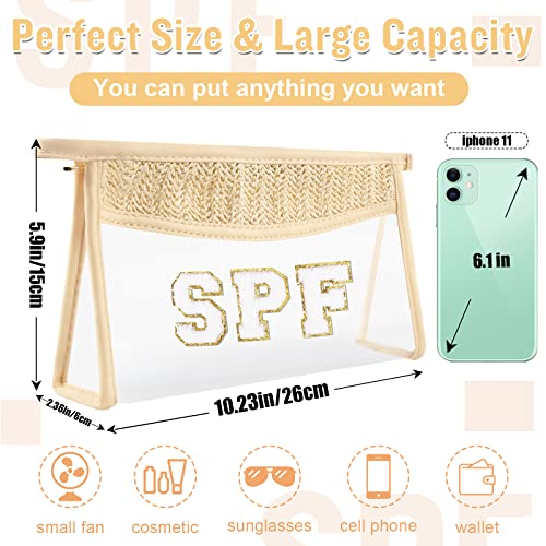 Clear Makeup Letter Patch Makeup Bag SPF Pouch, Boho Clear Toiletry Bag Travel Preppy Small Cute Stadium Letter Cosmetic Zipper Pouch Purse, Transparent Waterproof Beige Beach Makeup Pouch Clutch(SPF)2
