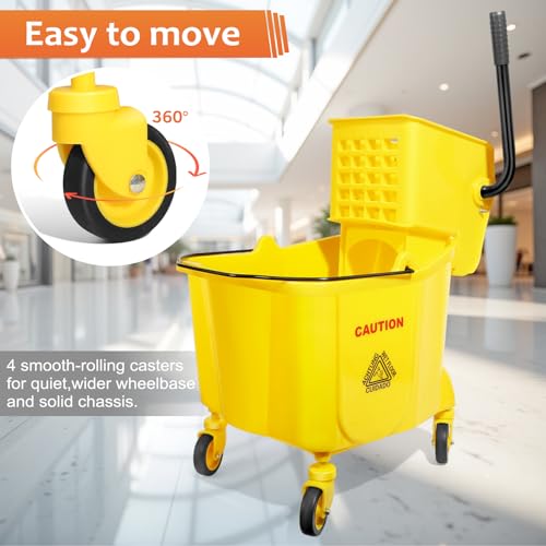 38 Qt Commercial Mop Bucket with Side Press Wringer on Wheels and Mops Set for Floor Cleaning,Including 1 Industrial Mop and Wet Floor Caution Sign,Yellow,Beyoco by Beyoco - Image 4