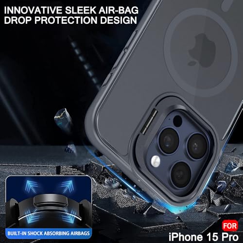 Image of TheGiftKart Hybrid Matte Frosted Back Cover Case for iPhone 15 PRO Compatible with MagSafe | Built-in Stand | Shockproof Hard Case Cover for iPhone 15 PRO (PC & TPU, Translucent Grey)
