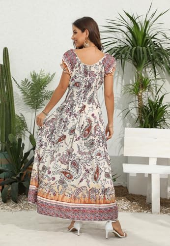 Image of OSTOO Women's Floral Maxi Dress Boho Summer Short Sleeve Smocked Waist Tiered Long Dress