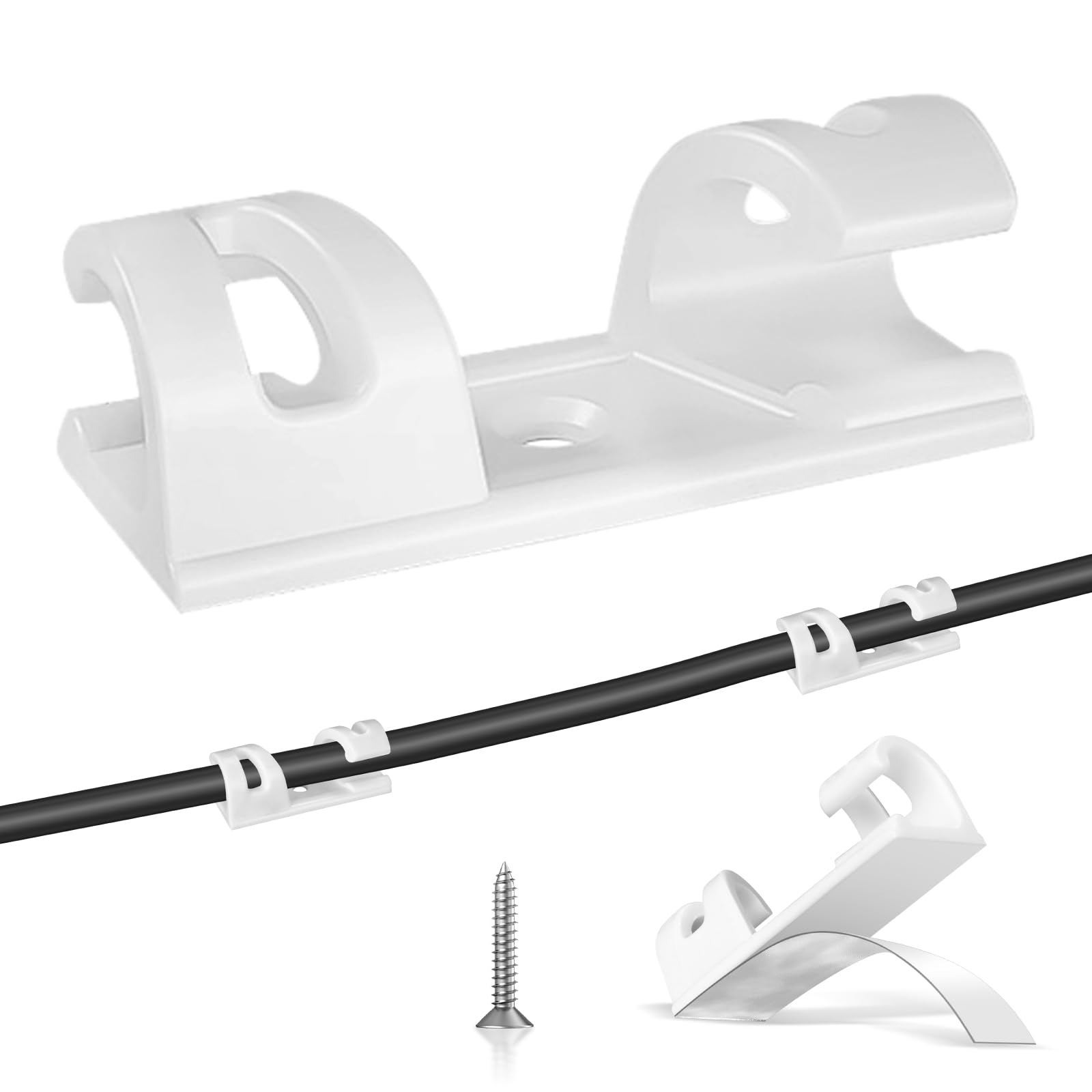 70Pcs Cable Clips, Self-Adhesive Cord Organizers with Screws, M/White
