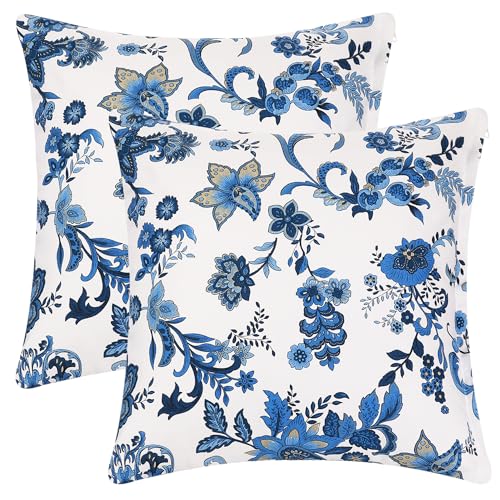 Uxcell Pack of 2 Floral Printed Throw Pillow Covers Home Decor Striped Pillow Cover for Couch Sofa Living Room Blue 16 x 16 Inch