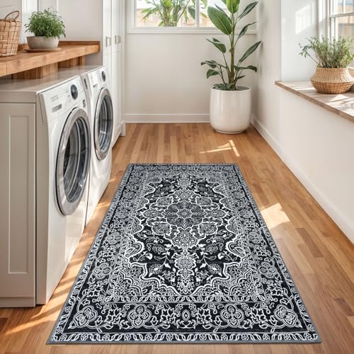 KUTA Vintage Floral Area Rug 3x5 ft, Washable Non-Slip Soft Kitchen Rugs, Low-Pile Entry Throw Carpet for Living Room, Bedroom, Nursery Black