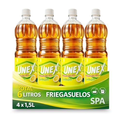Friegasuelos aroma Limón, Limpiador de suelos olor a Limón, Con perfume intenso y duradero, Combate malos olores, ideal para conseguir un suelo reluciente y no dejar huellas,4 botellas de 1.50 Litros
