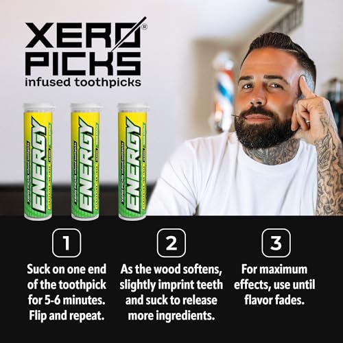 Image of Xero Picks Energy Caffeine Flavored Toothpicks B12 for Focus & B6, 60 Picks (Pack of 3) (Sour Apple) Sugar-Free Alternative to Energy Mints & Gum - Kosher